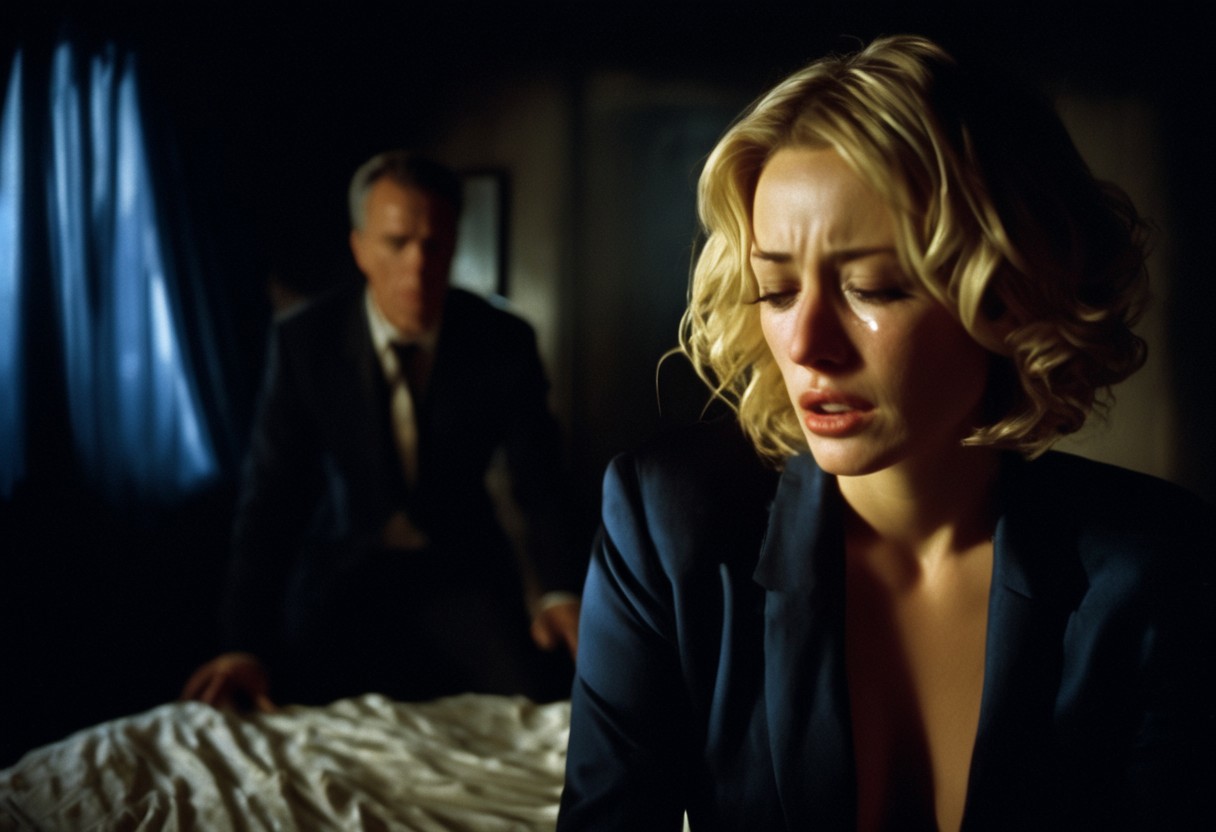 A beautiful blond woman wearing only a torn body suit is on a bed. The bed has dark blue sheets. She is crying and looks helplesse. Her clothes are slightly torn. He her is messy. The roo is dark, the lighting is soft, trough a small hole in the curtains. There are shadows. A man in a suit is watching in the background.