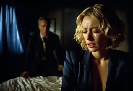 A beautiful blond woman wearing only a torn body suit is on a bed. The bed has dark blue sheets. She is crying and looks helplesse. Her clothes are slightly torn. He her is messy. The roo is dark, the lighting is soft, trough a small hole in the curtains. There are shadows. A man in a suit is watching in the background.