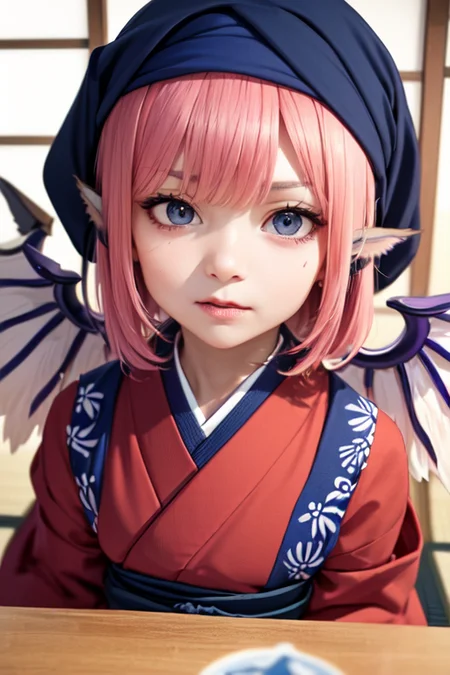 (detailed face, detailed eyes, clear skin, clear eyes), photography, detailed skin,  (sash code:1.3), (white tasuki wings:1.1),  hyperrealism, blurry, indoors, lips,(red kimono:1.3), (okamisty:1.5),pink hair, (OKMS:1.5), (mystia lorelei:1.1), (blue headscarf:1.4),(blue apron:1.4), touhou mystia's izakaya,