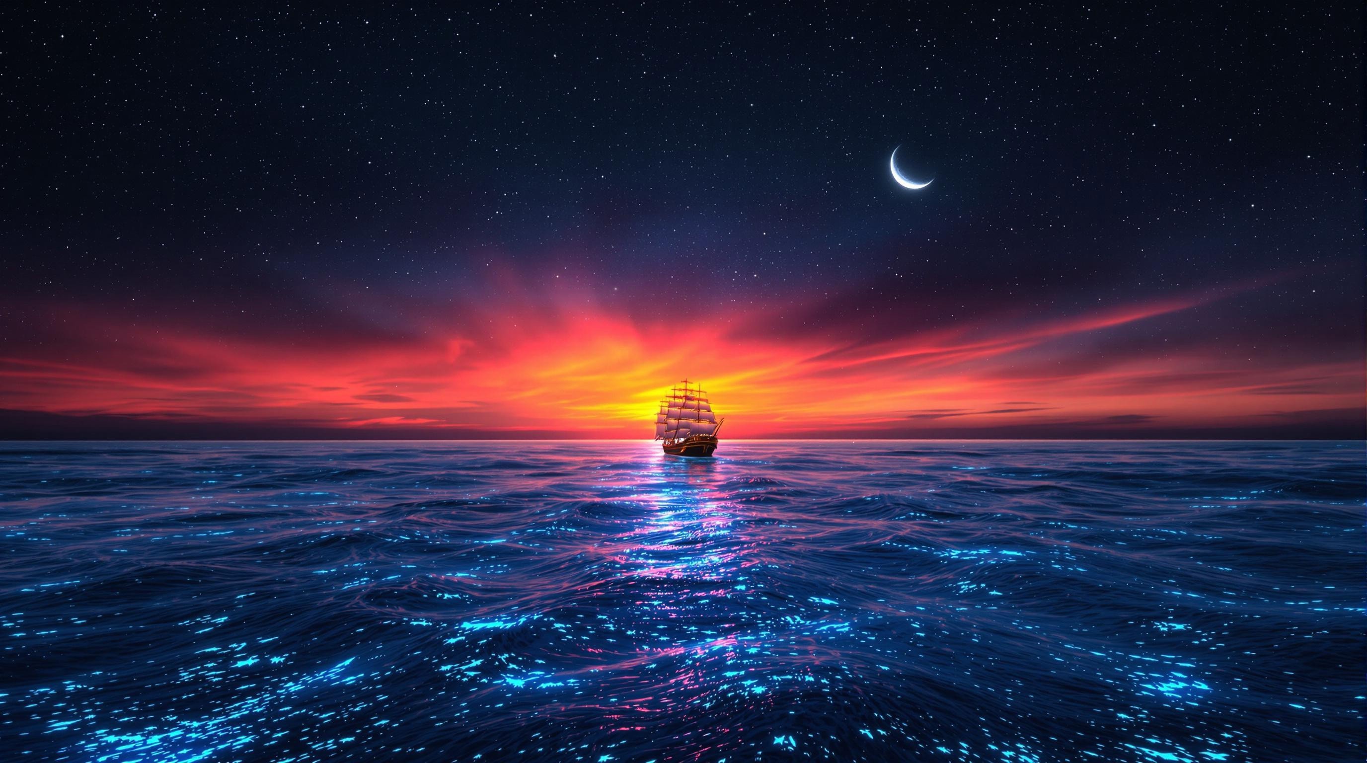 A majestic cinematic shot frames the lone ship gliding across the deep blue ocean, against the breathtaking backdrop of a fiery orange-pink sunset dissolving into inky blackness. The crescent moon casts a soft glow, illuminating the bioluminescent water's shimmer. The vast ocean and celestial sky evoke tranquility, wonder, and awe, while the solitary ship adds mystery and adventure, inviting the viewer to embark on a fantastical journey across the starry sea.