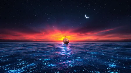 A majestic cinematic shot frames the lone ship gliding across the deep blue ocean, against the breathtaking backdrop of a fiery orange-pink sunset dissolving into inky blackness. The crescent moon casts a soft glow, illuminating the bioluminescent water's shimmer. The vast ocean and celestial sky evoke tranquility, wonder, and awe, while the solitary ship adds mystery and adventure, inviting the viewer to embark on a fantastical journey across the starry sea.