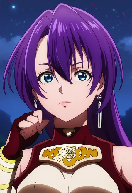 score_9, <lora:Arthur_Pencilgon:1> arthur pencilgon, 1girl, anime coloring, arthur pencilgon, blue eyes, close-up, fingerless gloves, hair between eyes, jewelry, long hair, looking at viewer, night, purple hair, solo, upper body