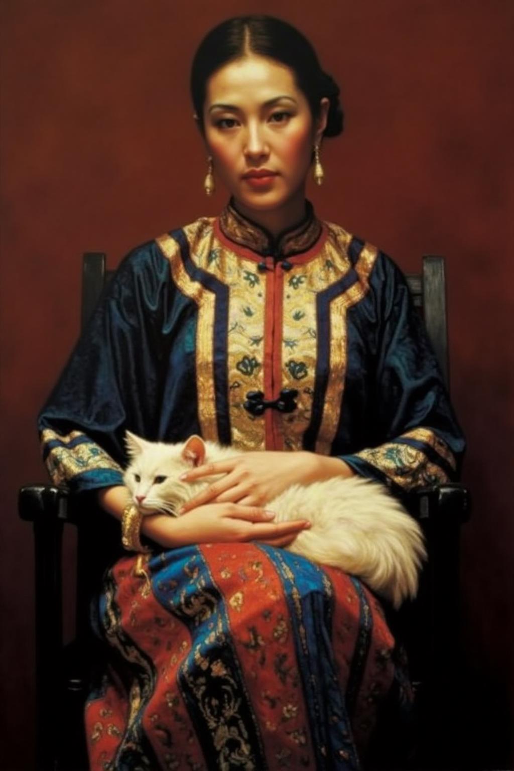chenyifei1 painting.
A woman holding a white cat sits against a warm, muted brown and orange background. She is dressed in a richly adorned cheongsam featuring ornate patterns in gold, blue, and red. The upper part of the robe is dark blue with a white and gold patterned design and a high collar.
 <lora:chenyifei1_cap_d6a3:1.0><lora:839111939905918382:0>