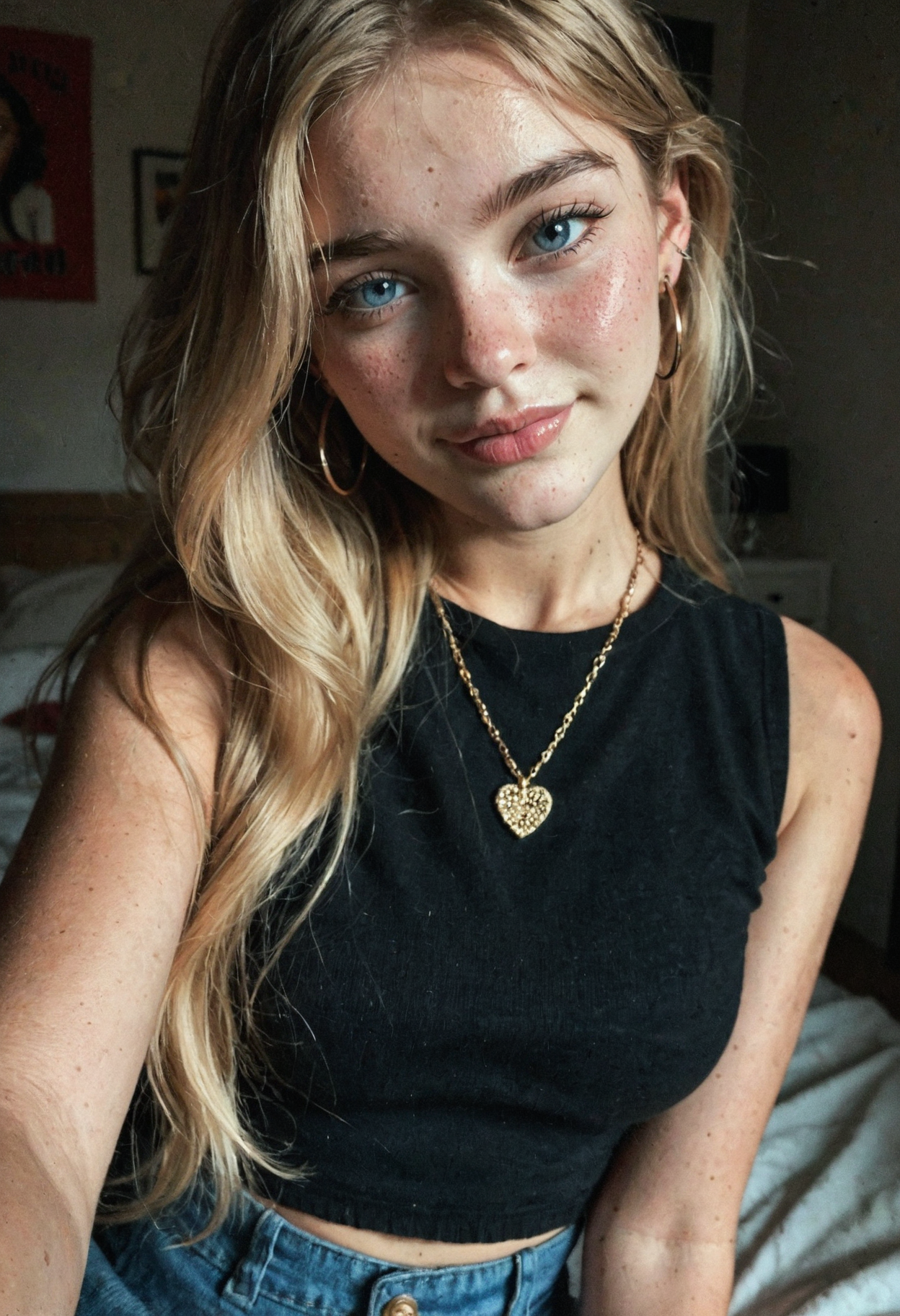 1girl, blonde hair, long hair, hair to one side, bangs, blue eyes, glossy lips, parted lips, soft expression, natural makeup, earrings, hoop earrings, subtle smirk, dimples, sleeveless shirt, black shirt, skirt, warm lighting, casual, selfie, looking at viewer, jewelry, necklace, soft skin, cheek blush, cute girl, aesthetic room, intimate setting, realistic, masterpiece, best quality, highres,
<lora:puffy_tits_PONY_v1:2.46>
<lora:amateur_style_v1_ILXL:0.8> 
<lora:Dramatic Lighting Slider:0>
<lora:ILXL_Realism_Slider_V.1:1.8>
<lora:RealSkin_xxXL_v1:1.2>
<lora:RawCam_250_v1:5>