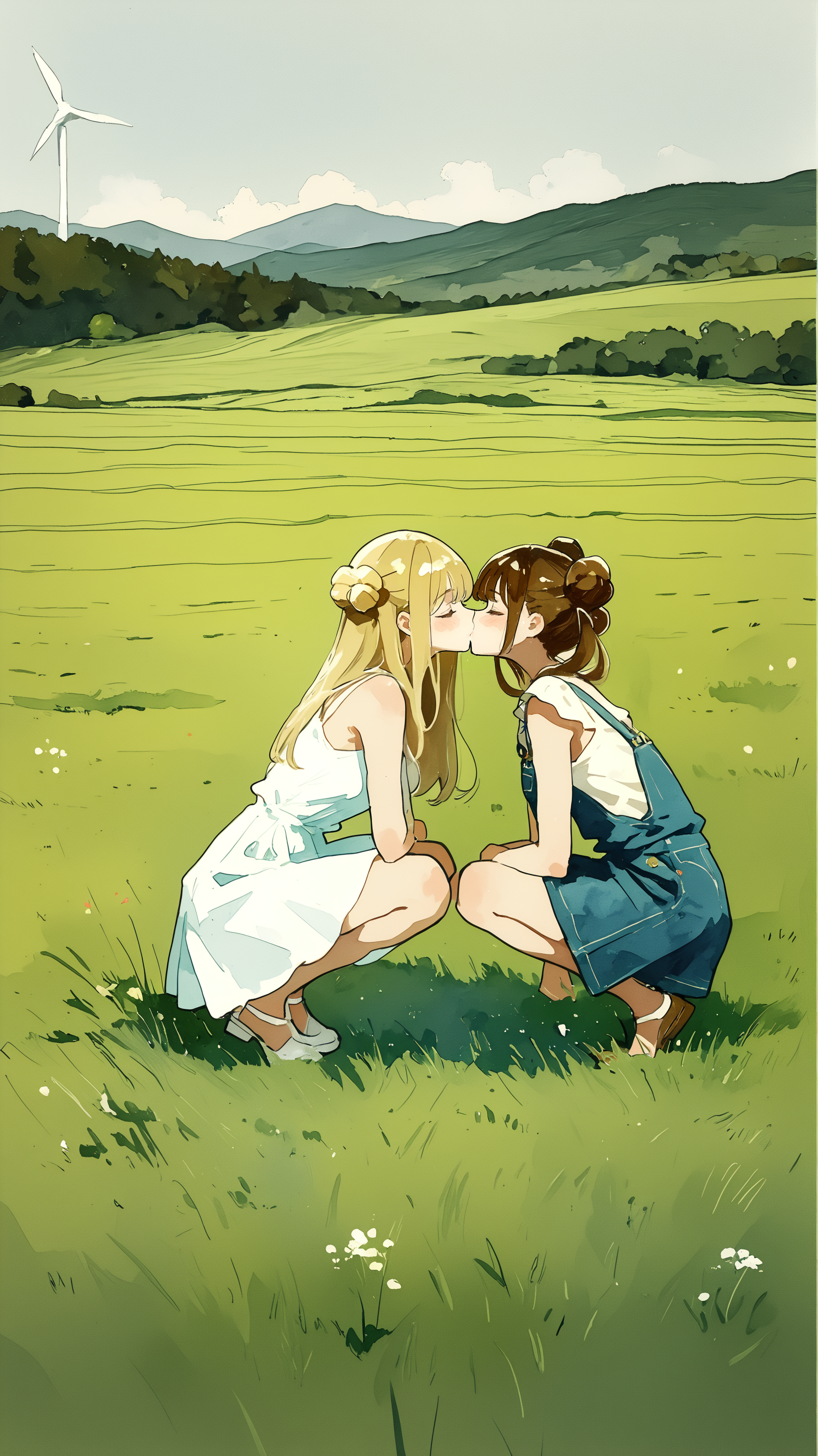 masterpiece, newest,absurdres,incredibly absurdres, best quality, amazing quality, very aesthetic, watercolor effect, 
2girls, long hair, blonde, brown hair, double buns, squatting, grass, kissing, overall skirt, sundress, (wind turbine:0.6), hills, trees,
 <lora:fuyumur4s4ki_style:0.7> fuyumur4s4ki_illu <lora:Mika:1>   <lora:0__11Xx:1> 0__11Xx_illu