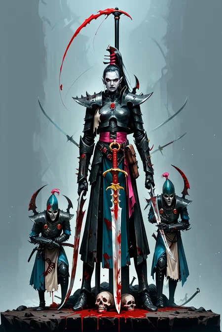 score_9, score_8_up, score_7_up, score_6_up, score_5_up, score_4_up, source_anime, <lora:aeldari_Pony_2:1> aeldari, drukhari, standart drukhari, full black drukhari's armor, 1girl, armor, blood, colored_skin, dagger, holding_sword, holding_weapon, jewelry, long_hair, sword, weapon, pale skin, ((black armor)), full body, Stand on a huge pile of bloody corpses of people, dead bodys, so much dead peoples, one lag stand on dead head, A bunch of corpses