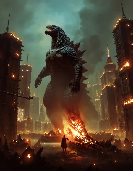 Godzilla stomping through a burning Tokyo city, <lora:d4artstyle:1.1> d4artstyle, d4concept,
