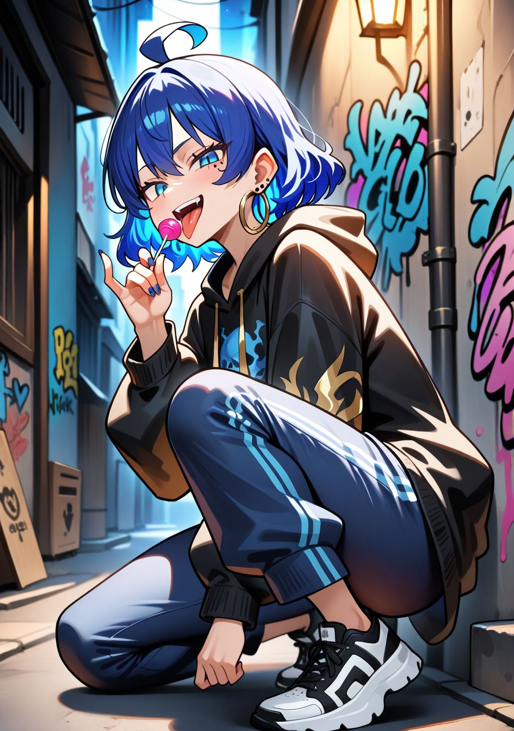 masterpiece, best quality, absurdres, perfect lighting,shiny skin,<lora:spo_sdxl_10ep_4k-data_lora_webui:0.7>,1girl,shukusei_lo, blue eyes, blue hair,short hair, <lora:Voiceless Voice:0.9>,casual, punk,baggy clothes, tattoo, piercing,hoop earrings, alley, graffiti, night,naughty face, sneakers, on one knee,looking at viewer, tongue, lollipop,