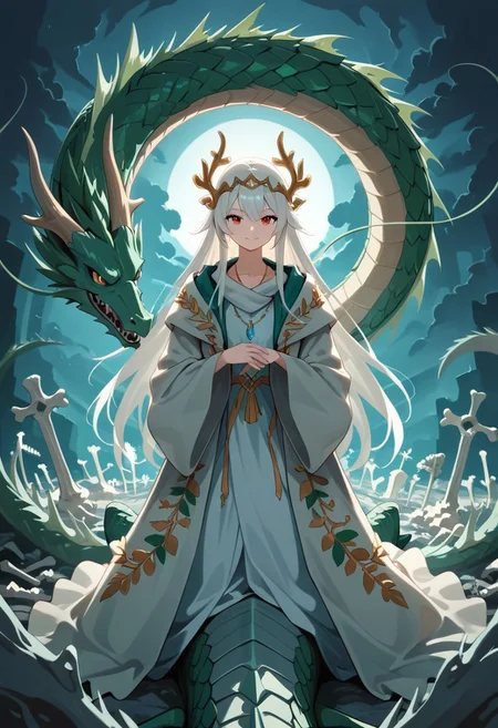 outdoor,core_9, score_8_up, score_7_up, anime_source,girl and dragon,(1 girl:1.5,white hair,long hair,gray luxurious robe,ornamental robe,pendant with round jewelry,tiara) and,
(1 dragon,bone dragon,boneswm),
A woman stands next to a bone dragon,The dragon is protecting her and she leans against its head,
masterpiece,best quality,super fine illustration,smile,(The background is a dense cemetery:1.1),Limited Color Pallet,boneswm,dragon riding,