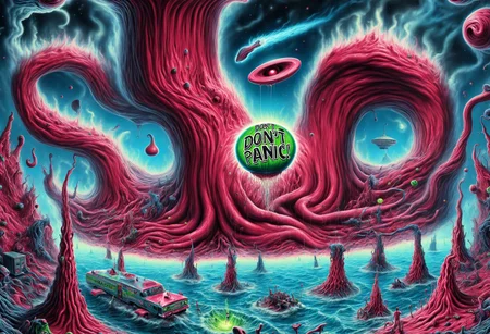 DonMD0n7P4n1cXL, text "DON'T PANIC!", hyper detailed masterpiece, dynamic realistic digital art, awesome quality,cherryred lithic water fair,abyssal volcano of passion,fluid language school procedural sky,steam devil, eldritch  <lora:DonMD0n7P4n1cXL:1>