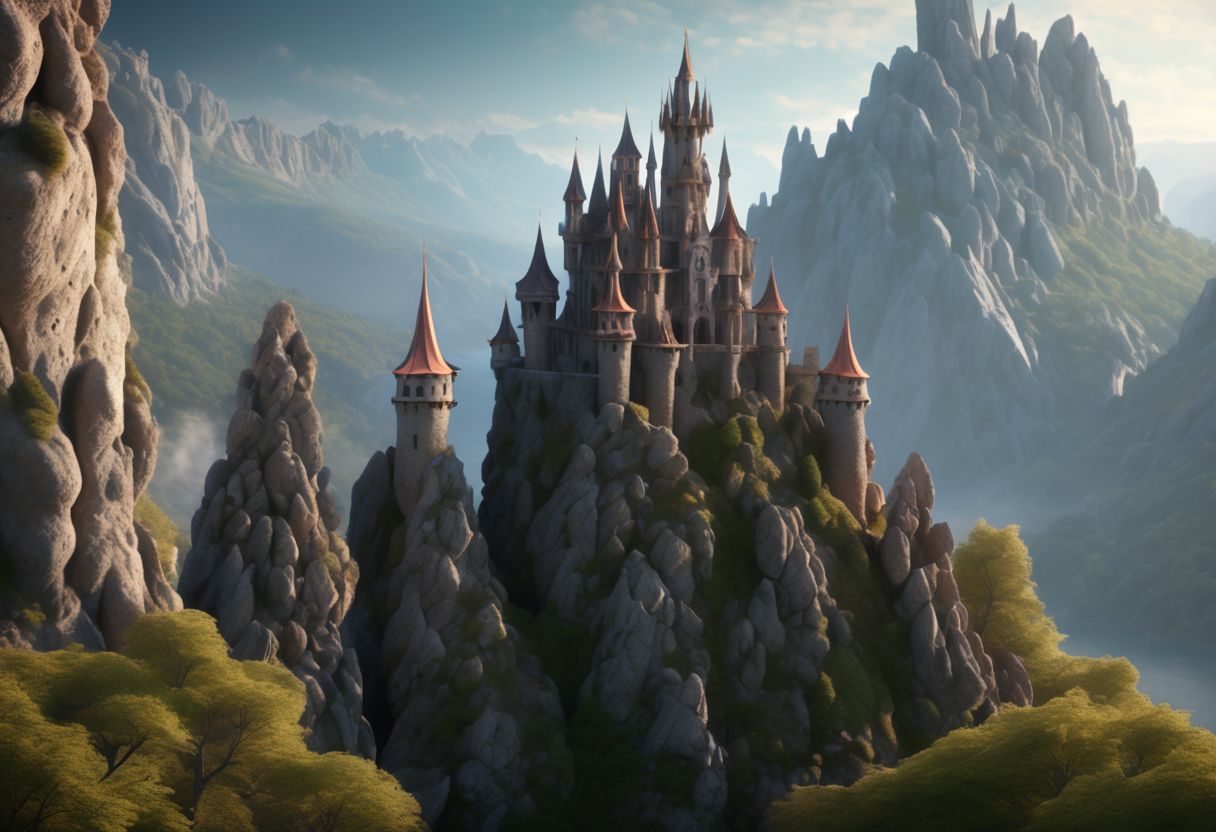8K,  fairy tale castle in a (rock spire), mountain on background