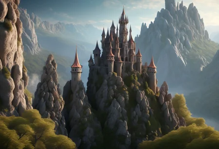 8K, fairy tale castle in a (rock spire), mountain on background