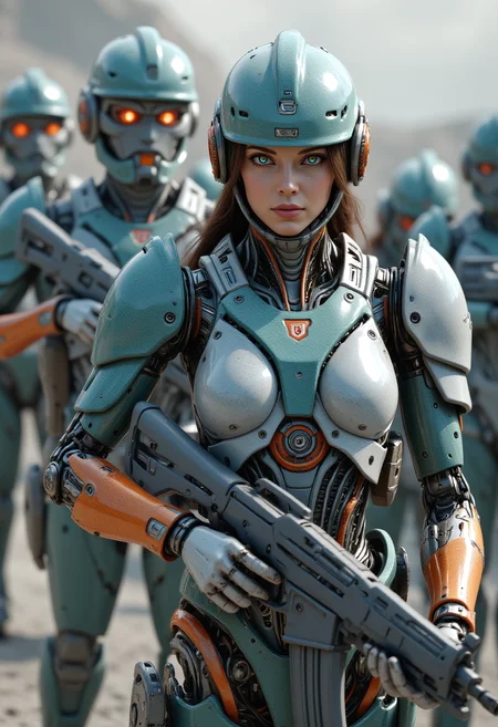 realistic scenery, ultra high quality, very detailed, a gorgeous lightly amored female space marine stands in front of her comrades wielding her assault rifle , hostile foreign planet, Robo, <lora:FluxRoboStyle>