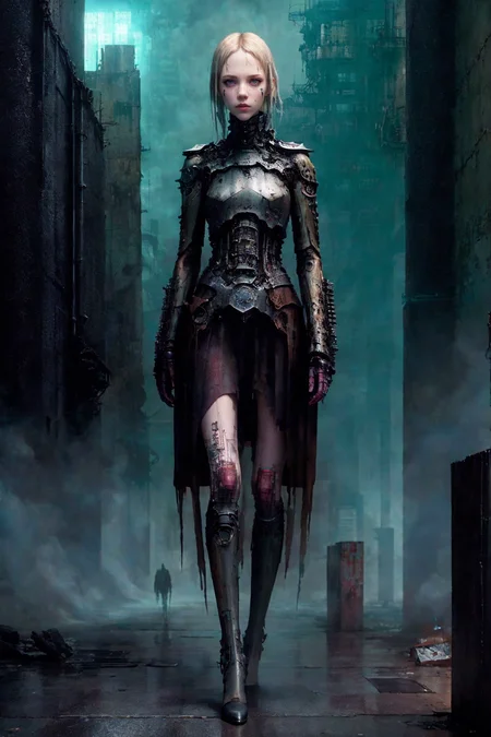 [colorized],muted colors,dark colors,gloomy,RAW photo,realistic,detailed,8k uhd, dslr, soft lighting,natural lighting,volumetrics dtx,dim light
(cyborg:0.6) girl with Ella Freya face, grimy face,face black lines tattoos,pale skin,free hands,leg pivot
metal,concrete,scratches, reflects,gothic,muted colors,,,mega structures, giant buildings ,decrepit scenery,deep horizon
by David Palumbo, by Ben Templesmith,by Brian Oldham,by Simon Stalenhag
<lora:blame5:0.7> <lora:LAS:0.5><lora:epiNoiseoffset_v2:0.3> <lora:LowRA_v20:0.5>