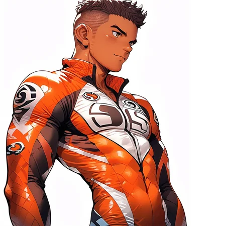 aapo8il, 1boy, solo, cowboy shot, undercut, tanned skin, muscular, gaze, cycling bodysuit, white background, toned skin