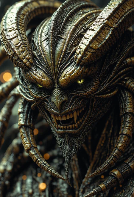 Concept art of a radioactive and mutated horror bumblebee with raised neck fur, long bloody teeth, and sharp, extended claws. It has a terrifying and deadly appearance, with glowing green eyes, cracked and blistered skin, emitting a faint toxic glow, and an overall sinister and menacing presence. photography, Natural geographic photo, Hyper-realistic, 16k resolution, (masterpiece, award winning artwork), many details, extreme detailed, full of details, Wide range of colors, high Dynamic, <lora:FluxMythP0rtr4itStyle.safetensors:0.5>, <lora:BeautyInEvilFlux.safetensors:0.75>, <lora:aiai-Glimra-Flux-Dev-v2.safetensors:0.3>, <lora:The_Dark_Side_Of_The_Future.safetensors:0.33>, <lora:Movie_Portrait.safetensors:0.8>, <lora:lith_mimosa_kiel_grw134_FLUX.safetensors:0.8>,