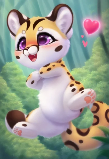A baby ocelot, kneading its mother's fur, little hearts in the air, dense spring forest,