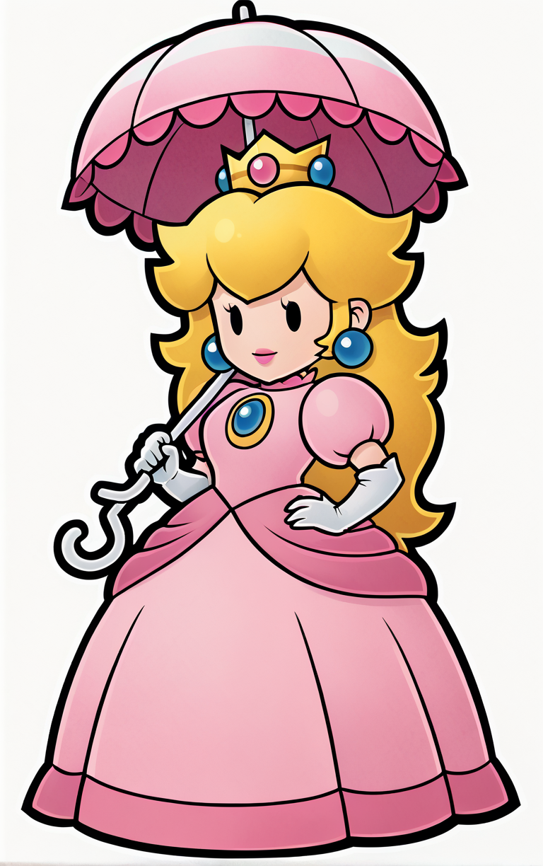 score_9, score_8_up, score_7_up, looking at viewer,  BREAK
Umbrella_PaperPeech_ownwaifu, 
princess peach, 1girl, blonde hair, umbrella, pink dress, long hair, elbow gloves, crown, jewelry, earrings, parasol, lipstick, chibi, outline, gem, white gloves, long dress, puffy short sleeves, solid oval eyes
(contrapposto, hand on hip),
<lora:PONYXL_PaperPeech_ownwaifu:0.9>