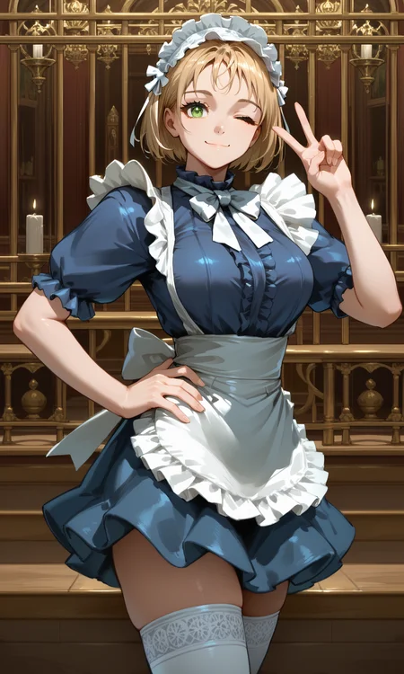 score_9, score_8_up, source_anime, lynettesciii, 1girl, solo, blonde hair, short hair, green eyes, maid headdress, white bowtie, blue dress, puffy short sleeves, large breasts, frills, waist apron, white thighhighs, cowboy shot, hand up, peace sign, hand on hip, foreshortening, indoors, mansion, smile, closed mouth, from side, profile, looking to the side, looking at viewer, one eye closed,