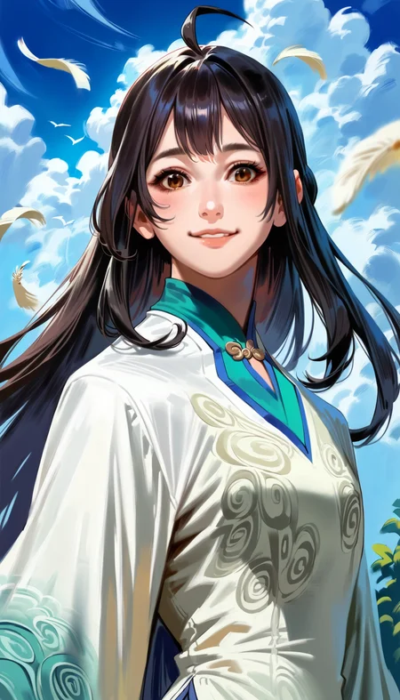 score_9,score_8_up,score_7_up,<lora:xinxianying>,xinxianying,1girl,solo,long black hair,bangs,ahoge,brown eyes,looking at viewer,smile,informal costume,upper body,outdoors,blue sky,cloud,(drifting feathers:0.6),
