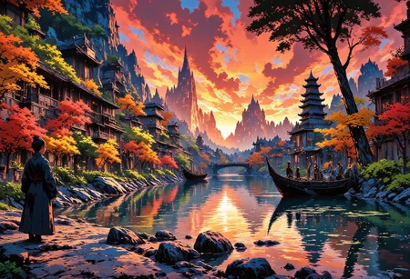 a city on the water beautiful landscape, sunset, woman, very intricate, very detailed, sharp, bright, colorful, <lora:Hand v2:0.5> <lora:Anti-Blur:1><lora:Insane Detail Slider:0.25> <lora:flux.1_lora_flyway_Epic-detail_v2:0.3> <lora:fluxenhancer:0.25> <lora:ROWER:0.6> <lora:flux-charmer-v1-1:0.4><lora:Vibrantly_Sharp_style_v.5:0.4> <lora:realanime:0.7> <lora:Chinese_Ink:0.3> chinese ink style