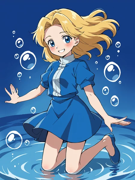 on water, ripples, floating, score_7_up, <lora:Maria Robotnik (SxSG):0.9>, blush, smile, sxsgdbmaria, blonde hair, blue eyes, source_anime, abstract