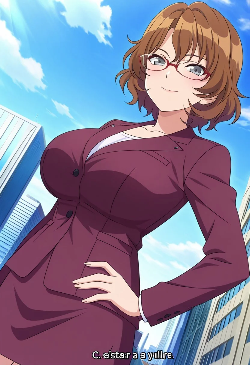 general,highres, ultra-detailed,very aesthetic,best quality ,best hands,best eyes,easynegative,
dynamic anglre, dutch angle, anime cloring,anime screencap,
1girl solo,looking at viewer,city,hand on hip,smile,
Suzuka RYUUZAKI,brown_hair, short_hair,wavy hair, huge_breasts, grey eyes,glasses,suits, skirt,