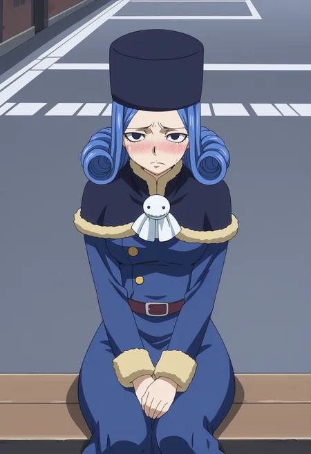 score_9, score_8_up, score_7_up, anime screencap, BREAK, 1girl, (solo:1.2), <lora:DX888Juvia:1>, juvia lockser, blue hair, curly hair, blue eyes, short hair, hat, dress, belt, capelet, fur trim, teruterubouzu, , BREAK Sitting with one leg folded and arms wrapped around the knee, crying, closed eyes, nose blush, sad, tears, bags under eyes, street , city , crossroads,