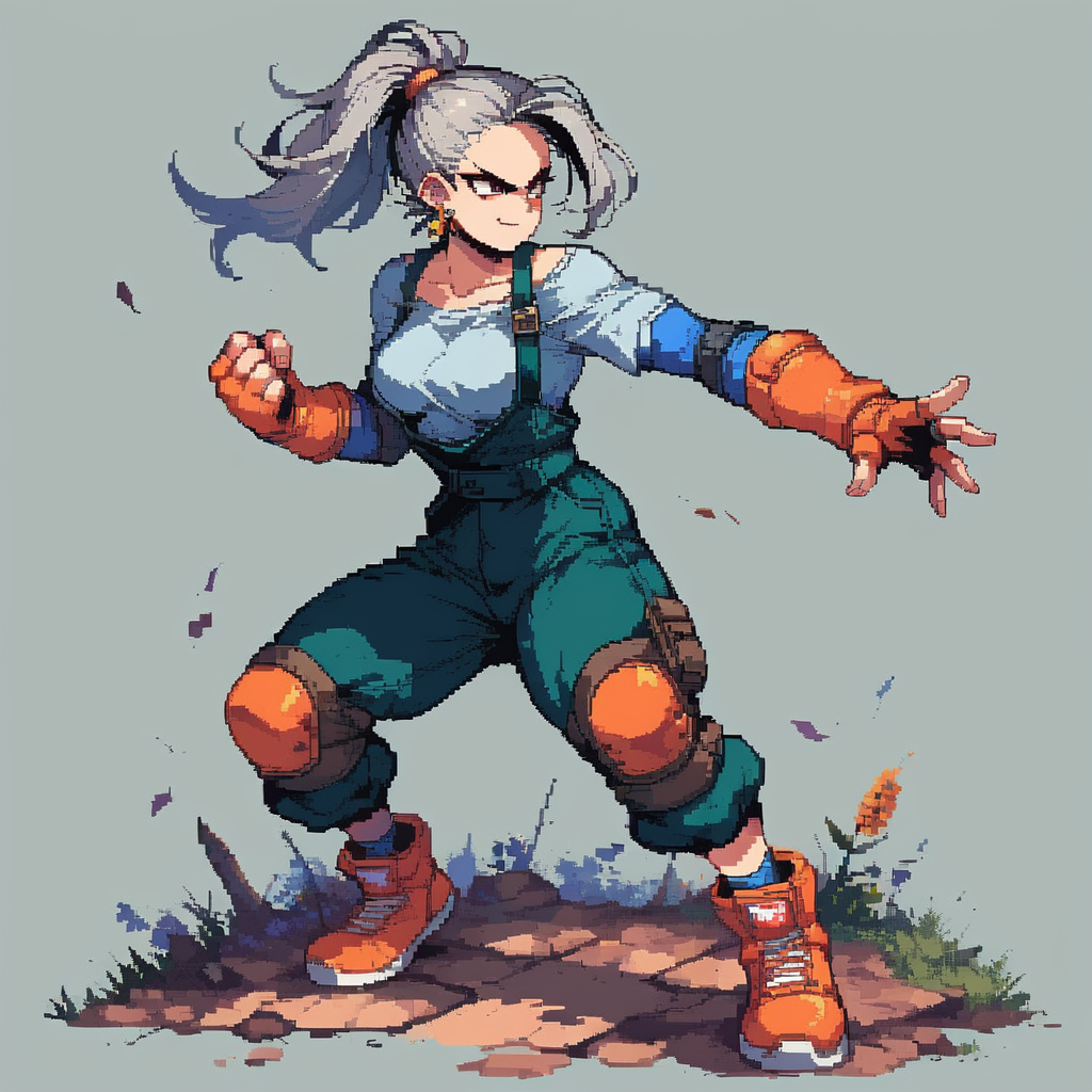 score_9, score_8_up, score_7_up, score_6_up, <lora:Epon_Tobal_-_PonyXL:0.6> solo, 1girl, epon, grey hair, full body, default outfit, dark green overalls, ponytail, elbow pads, earrings, orange gloves, grey shirt, blue elbow pads, fingerless gloves, knee pads, orange footwear, dynamic pose, fighting pose, fighting stance, confident, smirk, d3p1x3l, pixel art, simple background <lora:d3p1x3lXLP:1>
