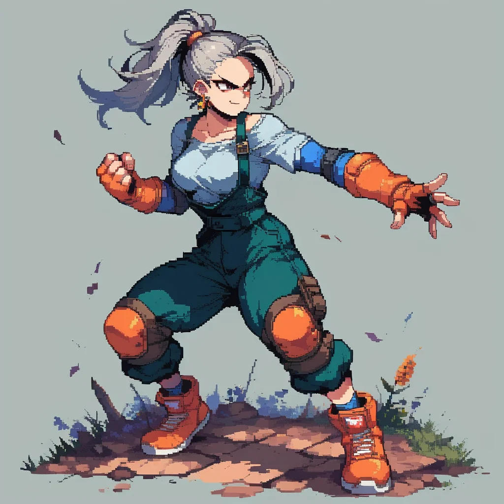 score_9, score_8_up, score_7_up, score_6_up, <lora:Epon_Tobal_-_PonyXL:0.6> solo, 1girl, epon, grey hair, full body, default outfit, dark green overalls, ponytail, elbow pads, earrings, orange gloves, grey shirt, blue elbow pads, fingerless gloves, knee pads, orange footwear, dynamic pose, fighting pose, fighting stance, confident, smirk, d3p1x3l, pixel art, simple background <lora:d3p1x3lXLP:1>