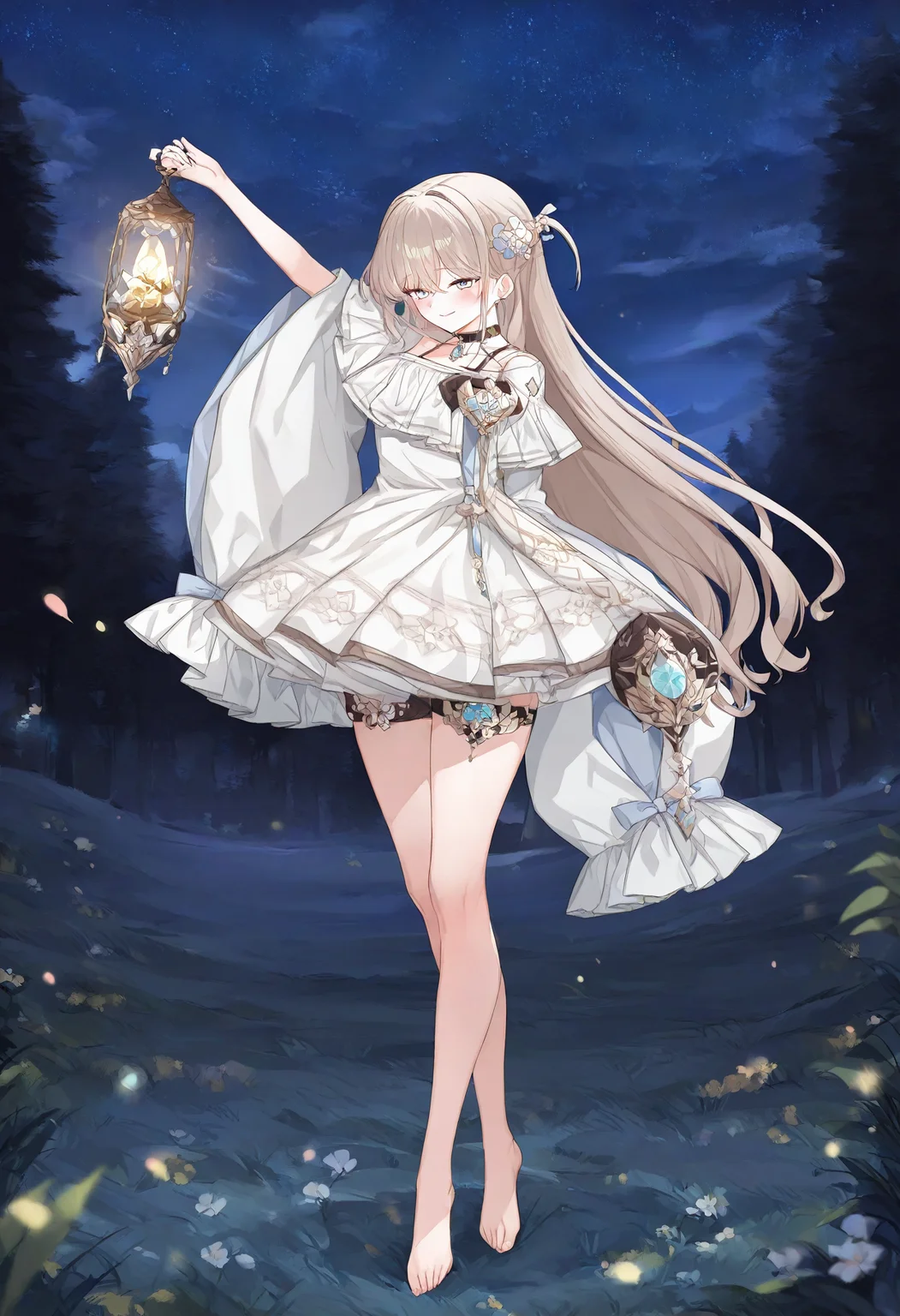 1girl, solovey, solo, full body, smile, blush, aqua eyes, white dress, hair ornament, thigh strap, barefoot, holding lantern, arm up, night, forest, starry sky, straight-on, walking, black choker, very awa, masterpiece, best quality, highres, absurdes, depth of field, newest, year2024, <lora:solovey:1>