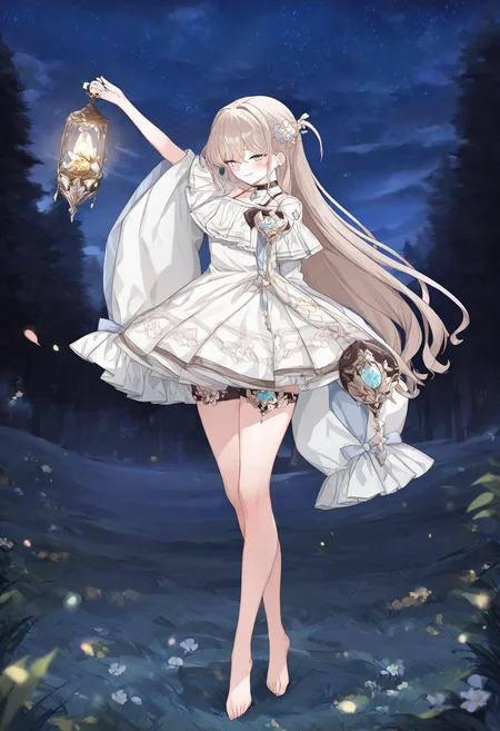 1girl, solovey, solo, full body, smile, blush, aqua eyes, white dress, hair ornament, thigh strap, barefoot, holding lantern, arm up, night, forest, starry sky, straight-on, walking, black choker, very awa, masterpiece, best quality, highres, absurdes, depth of field, newest, year2024, <lora:solovey:1>