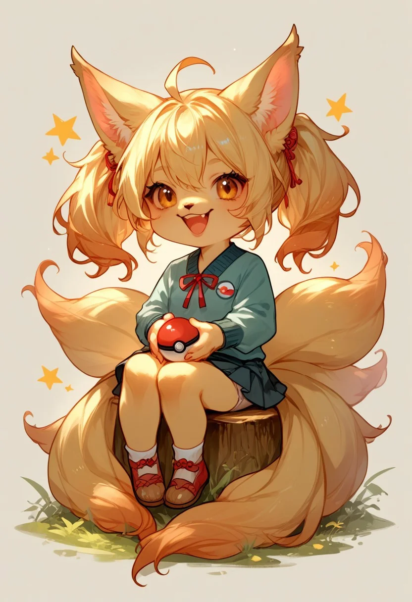 score_9, score_8_up, score_7_up, source_anime, solo, Ninetails happy, sitting next to a large pokeball, (anthropomorphic Ninetails, chibi body:1.3), simple background, (detailed image, high resolution, 5k resolution:1.0), (chibi art style:1.1)