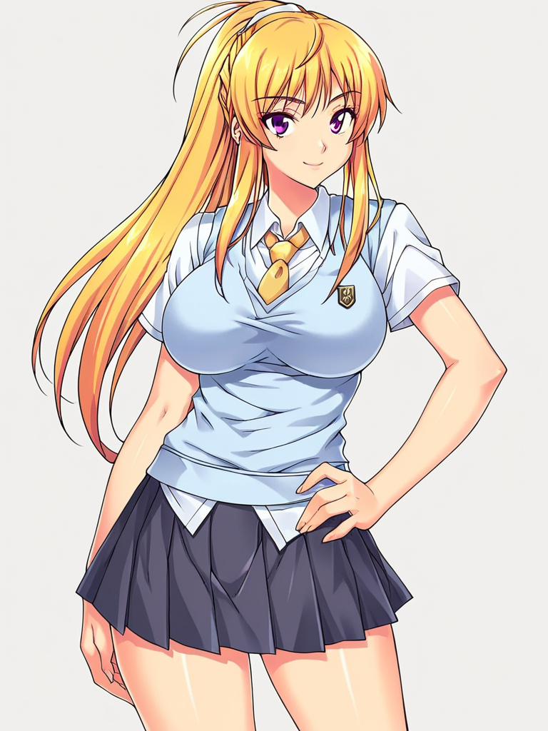 score_9, score_8_up, score_7_up,  
1girl, Mamiya natsuki, blonde hair, purple eyes, long ponytail, large breasts,

school uniform, yellow necktie, white shirt, short sleeves, blue sweater vest, pleated skirt, black skirt,
standing, hand on hip, looking at viewer, smile, closed mouth,  white background,