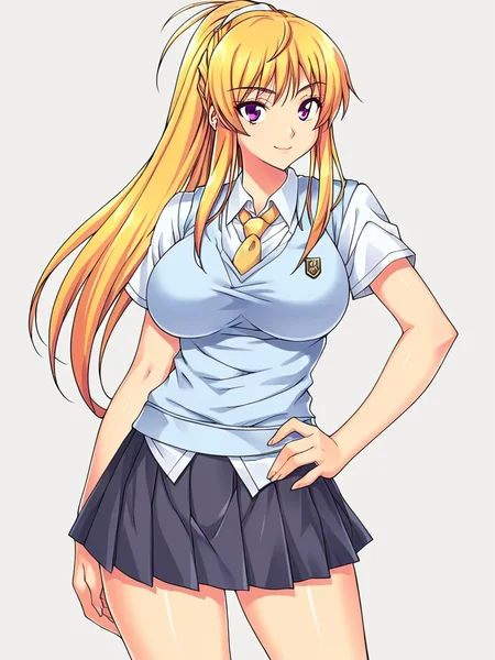 score_9, score_8_up, score_7_up,  
1girl, Mamiya natsuki, blonde hair, purple eyes, long ponytail, large breasts,

school uniform, yellow necktie, white shirt, short sleeves, blue sweater vest, pleated skirt, black skirt,
standing, hand on hip, looking at viewer, smile, closed mouth,  white background,