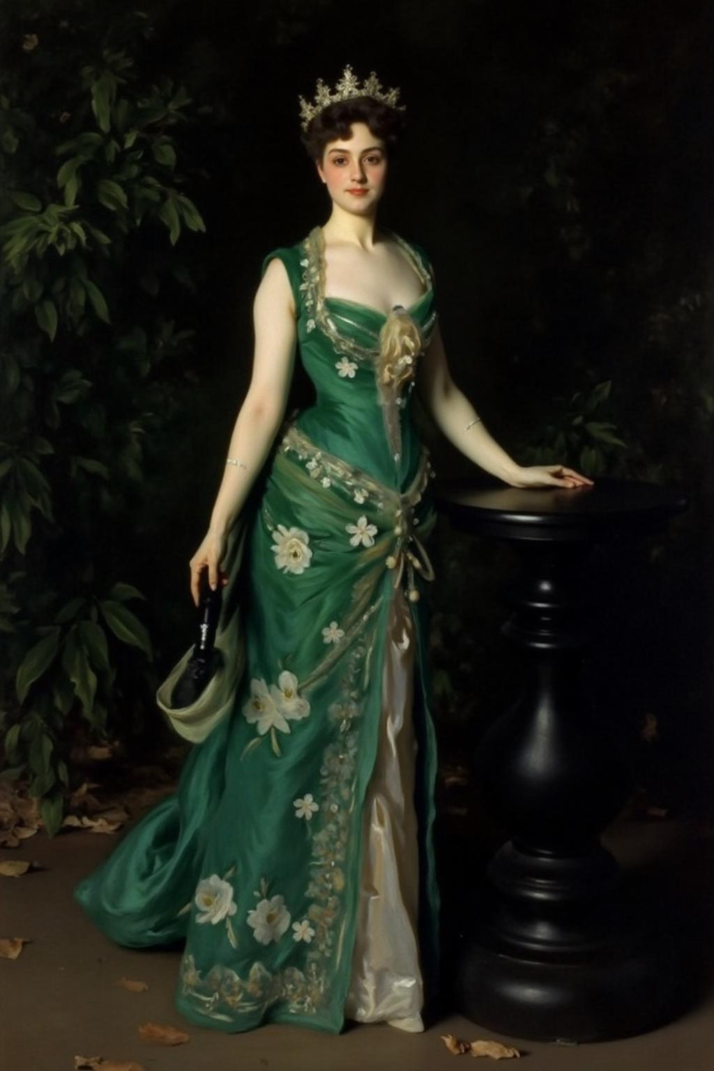 johnss1 painting.
A medium-sized painting of a woman in a green dress adorned with white flowers and leaves, stands in front of a black round pedestal. The woman's dress is adorned with a crown on her head, adding a touch of beauty to the scene. The backdrop is a lush, dark green foliage, adding depth to the composition.
 <lora:johnss2_cap_d6a3:1.0><lora:829188546817650419:0>