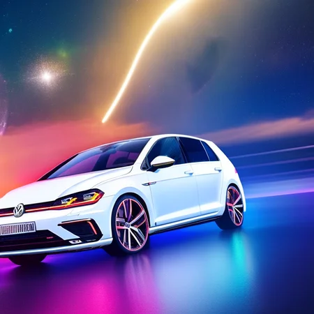 volkswagen golf r, white car, perfect rims, space highway, variable view, cosmic background, stars and planets, synthwave effect, neon light, CarHelper, ActionHelper, PhotoHelper