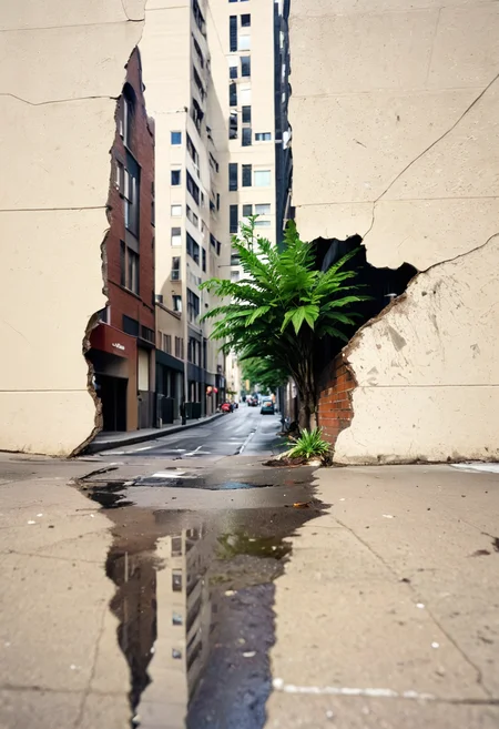 A residential street in a modern city, some trash on the corners and some puddles from a recent rain, it's daytime, some plants on windows and sidewalks, it looks like a nice place to live.