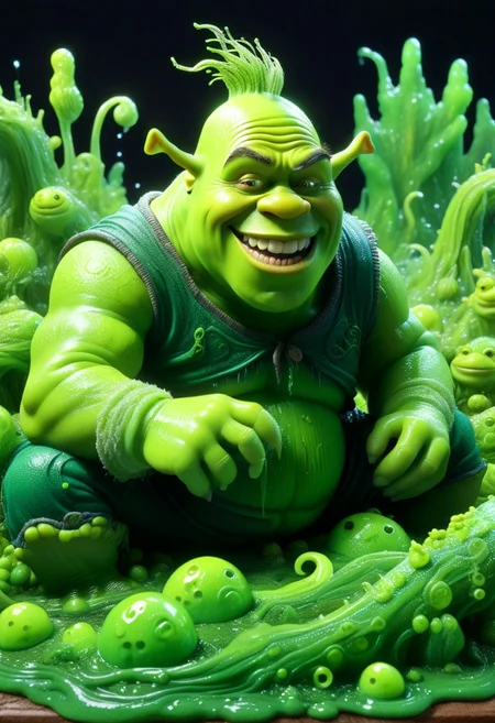 Shrek, funny, laughing, swamp, eating slime worm, slimy, extremely detailed, hyperrealistic, detailed background, slime-morph
