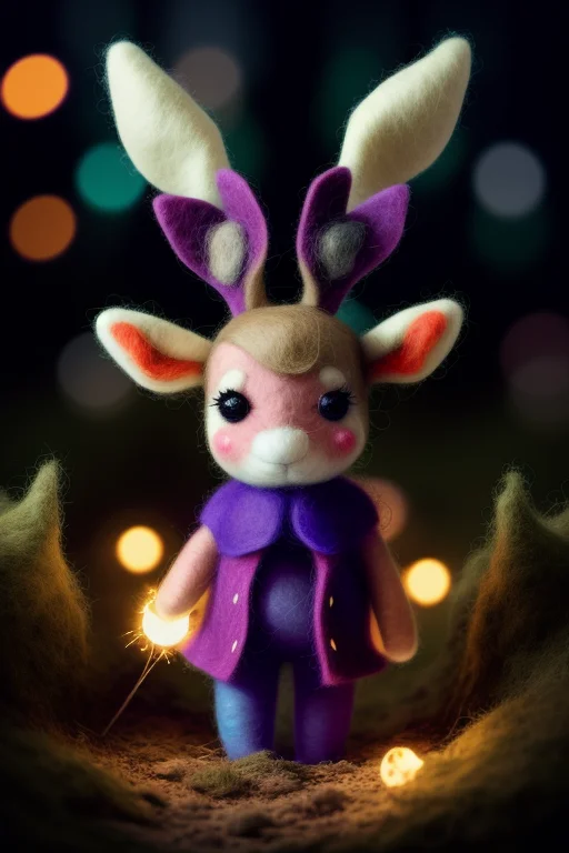 beautiful portrait of cute jackalope in the middle of magical forrest at night, magic lights, sparkles, felt, felted, fuzzy, handmade, handcrafted, plushie, doll, diorama, scene, close up, tilt shift, award winning photography, intricate details, insanely detailed, cinematic lighting, sharp focus, 85mm lens, unreal engine, octane render