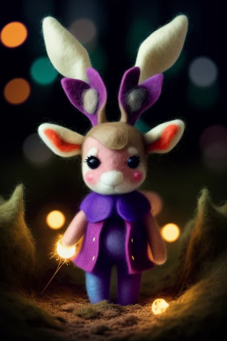beautiful portrait of cute jackalope in the middle of magical forrest at night, magic lights, sparkles, felt, felted, fuzzy, handmade, handcrafted, plushie, doll, diorama, scene, close up, tilt shift, award winning photography, intricate details, insanely detailed, cinematic lighting, sharp focus, 85mm lens, unreal engine, octane render