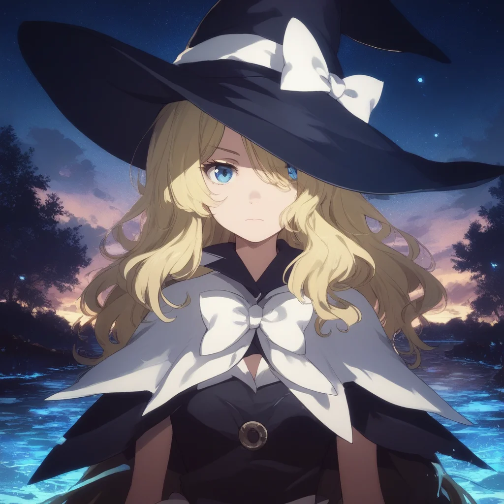 score_9, score_8_up, score_7_up, score_6_up, marie-spearhead, toaru, 1girl, hat, blonde hair, solo, witch hat, blue eyes, long hair, hat bow, bow, looking at viewer, hair over one eye, capelet, closed mouth, anime coloring, white bow, upper body, sky, water, night