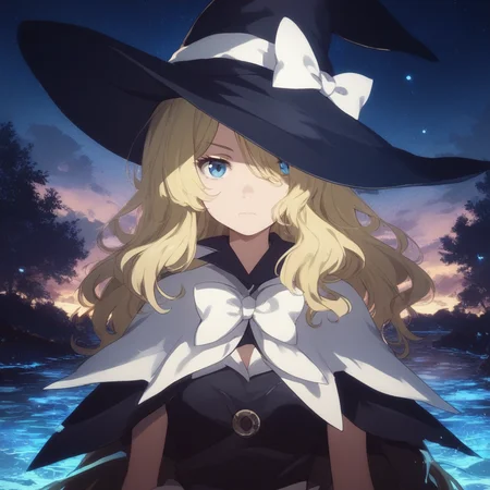 score_9, score_8_up, score_7_up, score_6_up, marie-spearhead, toaru, 1girl, hat, blonde hair, solo, witch hat, blue eyes, long hair, hat bow, bow, looking at viewer, hair over one eye, capelet, closed mouth, anime coloring, white bow, upper body, sky, water, night
