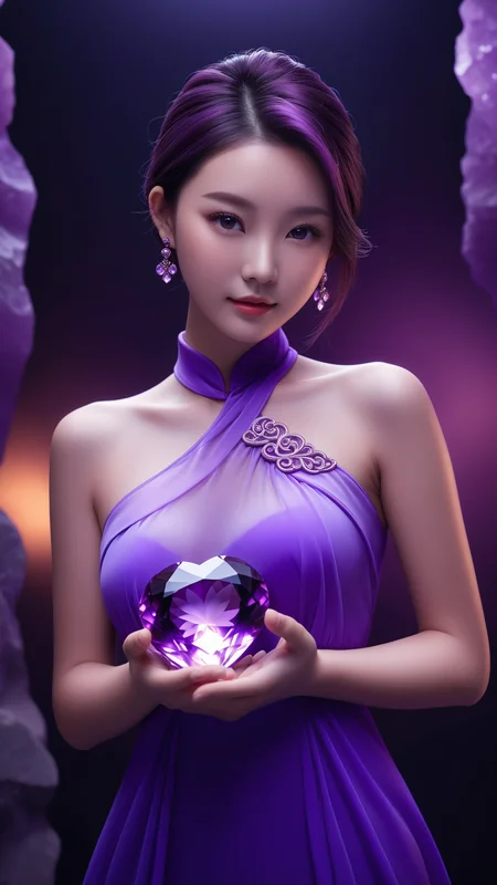 neonpunk style wallpaper,best quality,masterpiece,realistic,HDR,UHD,8K,Vivid Colors,Studio lighting,ultra-fine painting,sharp focus,physically-based rendering,Canon 35MM camera angle,art,(((1 beauiful Chinese girl holding a big Amethyst))),(((the amethyst with Stone carving pattern "Love"))),the girl 22 years old,full body,wear purple dress with embroidery,purple Ponytail hair,Amethyst earrings,medium breasts,Bare arms,collarbones,cute face,slender,brown eye ball,bright pupils,shy,light blush,sexy pose,smile,detailed hand,indoor,ambient light,add more details,moden,hand,coral dress,,,,neon,text logo " Love",<lora:detailed_hands:1>,<lora:coraldress:0.8>,<lora:Harrlogos_v1.1:1> . cyberpunk, vaporwave, neon, vibes, vibrant, stunningly beautiful, crisp, detailed, sleek, ultramodern, magenta highlights, dark purple shadows, high contrast, cinematic, ultra detailed, intricate, professional