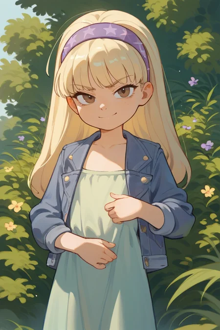 score_9,score_8_up,score_7_up,score_6_up,score_5_up,score_4_up,
1girl, solo, child, petite, small, very young, pacifica, brown eyes, blonde hair, purple headband, flat chest, dress, denim jacket, looking at viewer, smirk. hands behind back,
 <lora:pacifica:1>