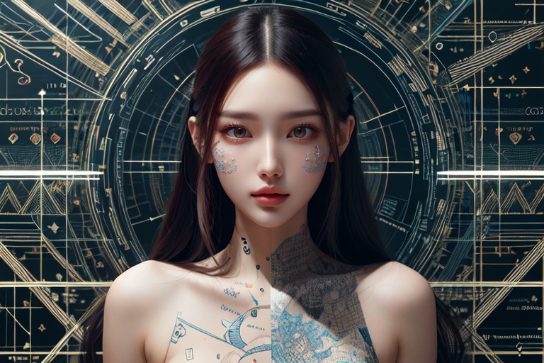 highly insanely detailed, masterpiece, top quality, best quality, highres, 4k, 8k, RAW photo, (very aesthetic, beautiful and aesthetic),  
(code_style,codestyle),(sympattern,geometric pattern),Doodle,symbolic patterns,colorful,geometric pattern wallpaper,vibrant, 
<lora:CodeStyle (half generic class)_564920:0.7>, 
(1girl:1.3), 1other, 
mild,âââ