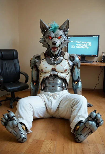 (((Barefoot furry character, full body, cinematic setting, furry male, plantigrade))), (((computer screens with binary code)))
(((Gilliam))), wolf boy, (((white pajama))), ((wired, hijacked, hacked, corrupted, reprogrammed, brainwashed, mindwiped)), sitting, spread legs, m pose, nice metalic feet paws, ((nice robotic feet paws)), three toes, claws, pawpad, determined look, (((restrained))), (((head tilted to the side, open mouth, dumb face, drooling)))
BREAK
(((gilliam wolf, evil eye, sharp, red fluff tail, cyan hair, robot, cybernetic wolf, metallic))),
BREAK, intricate details, highly detailed, extreme detail, octane render, fine art, best quality, highres, (detailed face:1.5), ((full_body)), UHD, (((perfect hands))), low light