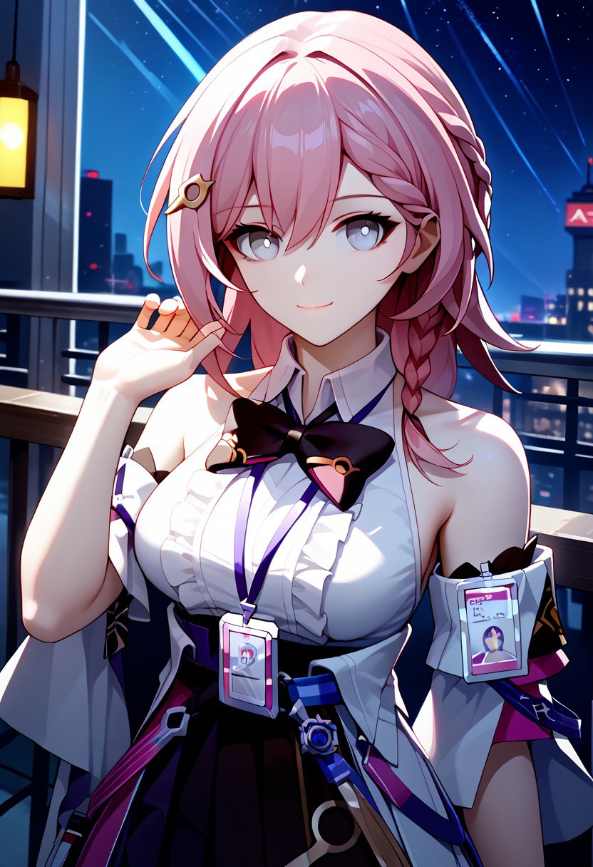 score_9,score_8_up,score_7_up,source_anime,ASTA_(HONKAI_STAR_RAIL),1girl,solo,long hair,breasts,looking at viewer,smile,blue eyes,shirt,skirt,hair ornament,bow,closed mouth,bare shoulders,medium breasts,white shirt,upper body,pink hair,braid,frills,detached sleeves,sleeveless,collared shirt,hairclip,medium hair,hand up,bowtie,grey eyes,sleeveless shirt,black bow,black bowtie,center frills,id card,lanyard,