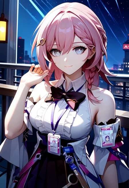 score_9,score_8_up,score_7_up,source_anime,ASTA_(HONKAI_STAR_RAIL),1girl,solo,long hair,breasts,looking at viewer,smile,blue eyes,shirt,skirt,hair ornament,bow,closed mouth,bare shoulders,medium breasts,white shirt,upper body,pink hair,braid,frills,detached sleeves,sleeveless,collared shirt,hairclip,medium hair,hand up,bowtie,grey eyes,sleeveless shirt,black bow,black bowtie,center frills,id card,lanyard,