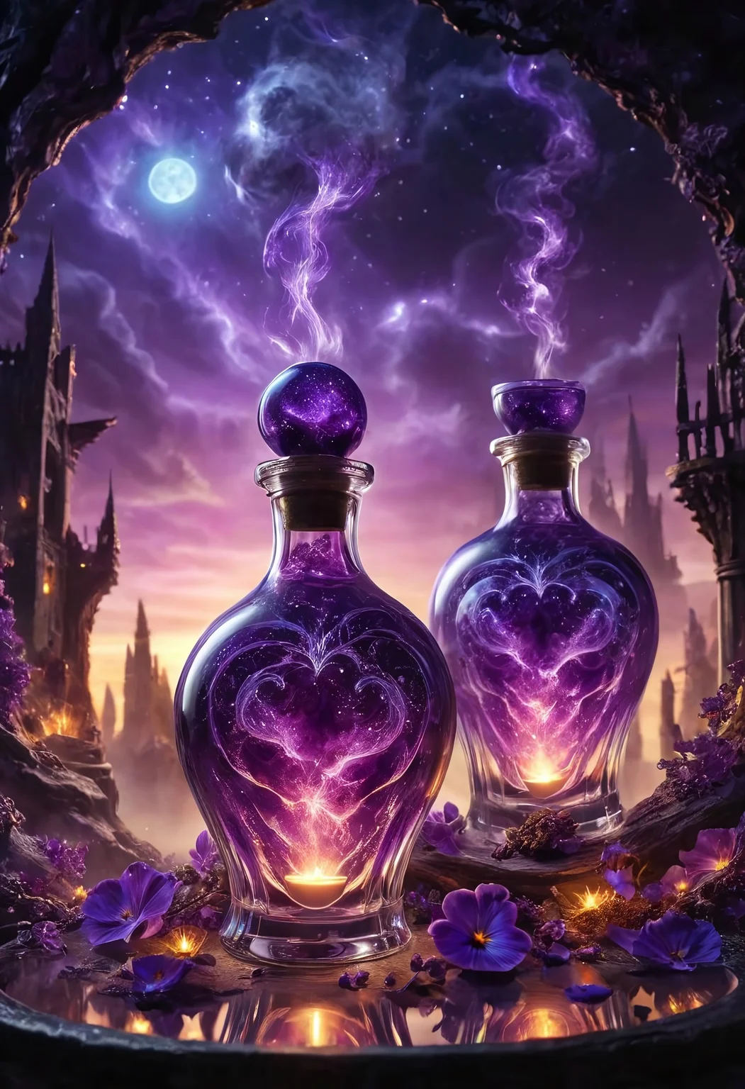 Masterpiece, 4k, high_def, Score_9, Score_8, best quality, photorealistic magic potion, intricately crafted glass bottle, glowing elixir, vibrant hues of purple and silver, ethereal radiance, soft luminous glow, shimmering magical lights, wax-sealed stopper, golden highlights that catch the light dynamically, delicate spark-like particles floating around, fantasy-inspired aura, radiant and majestic, stunning reflections, detailed craftsmanship, evoking an ethereal and otherworldly beauty